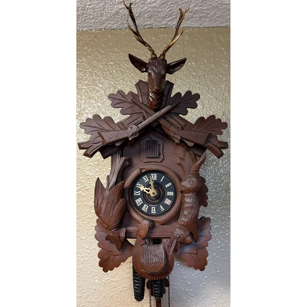 Vintage German Black Forest Cuckoo Clock Hunting Scene Stag Rifles Hand Carved